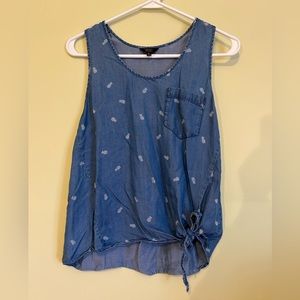 1250C Blue Champray Sleeveless Pineapple Print Top With Side Tie